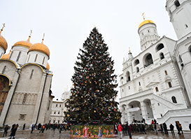 Украшение новогодней елки на Соборной площади Кремля